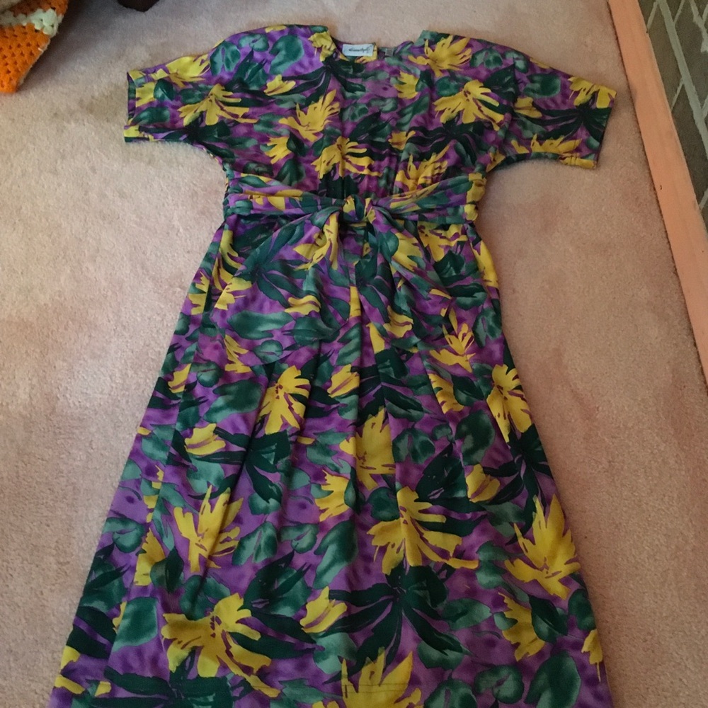 Women’s silk green, purple, and yellow floral print dress.